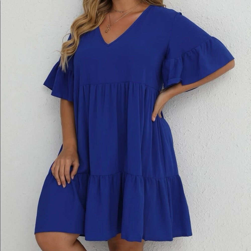 EUC ROYAL BLUE SHEIN CURVE PLUS SIZE RUFFLE HEM FLOWY TIERED DRESS